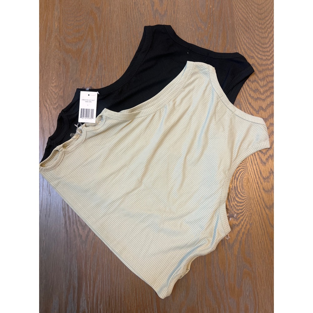 Derek Heart Womens 2pk Ribbed Side Cutout Crop Tank Tops Black Sage Green Large - Picture 3 of 3